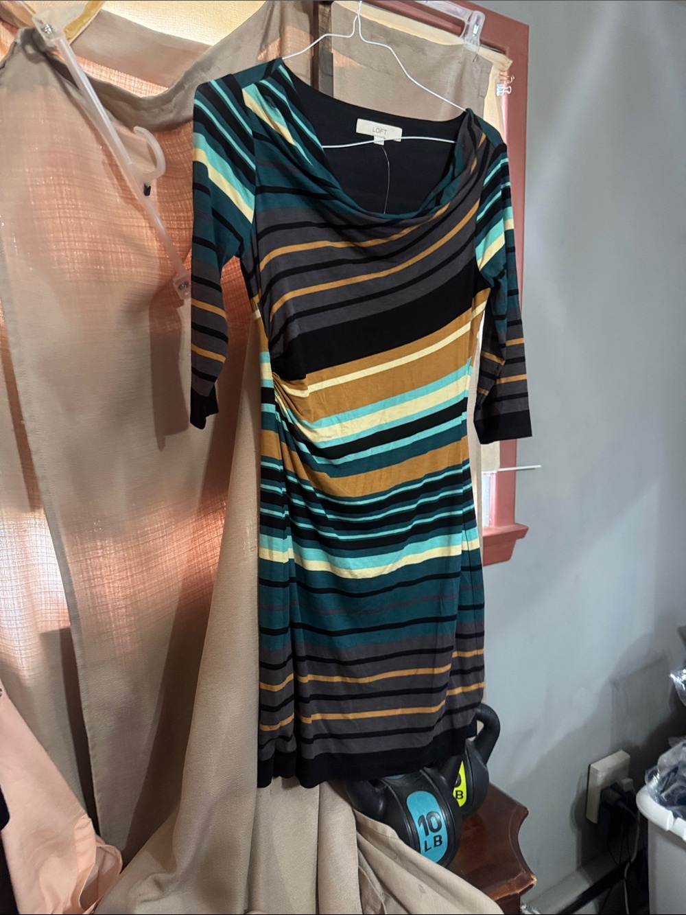 LOFT Teal, Mustard & Black Striped Midi Dress J-17